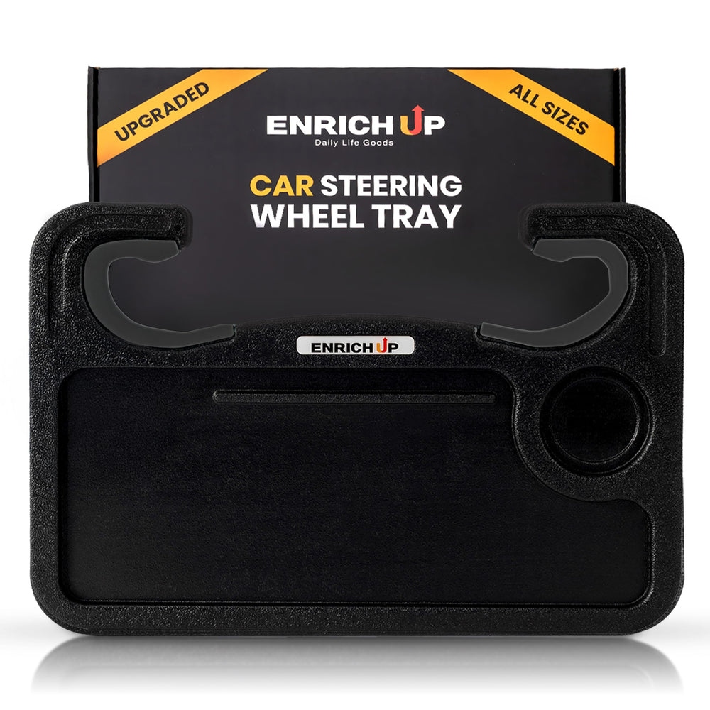 ENRICH UP 2-in-1 car steering wheel tray fits most vehicles for on-the-go work or dining.