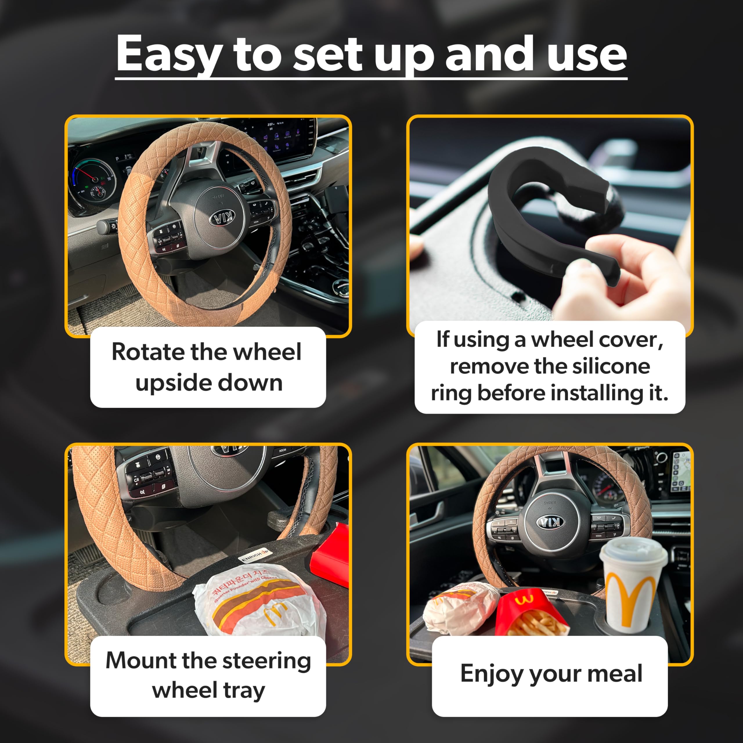ENRICH UP Amazon-exclusive steering wheel tray ships with dedicated support.