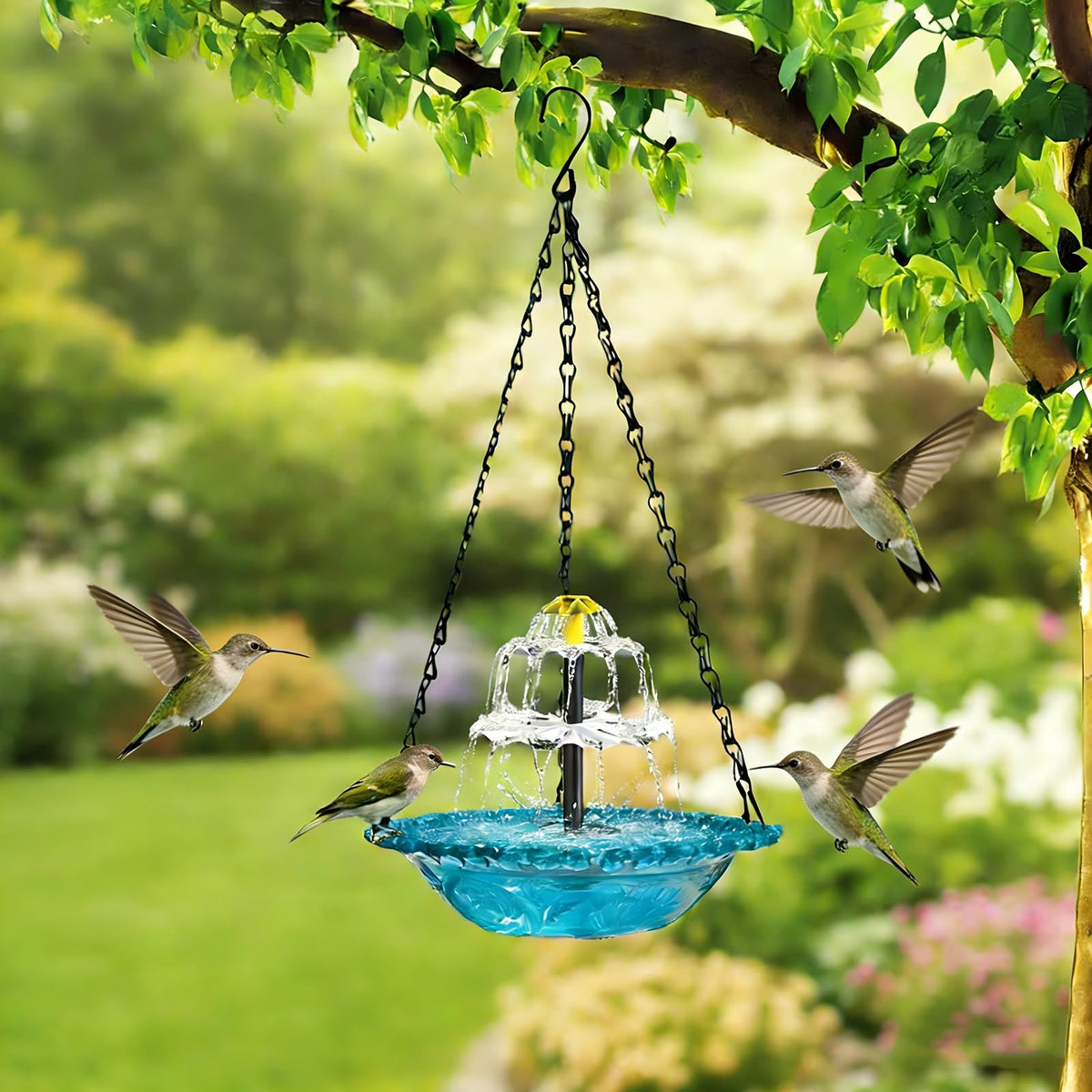 EOHMAK Hanging Solar Bird Bath Fountain blue attracting songbirds to the garden.
