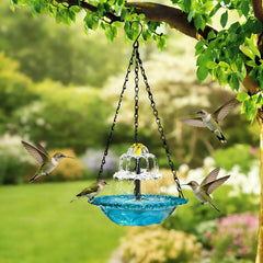 EOHMAK Hanging Solar Bird Bath Fountain blue attracting songbirds to the garden.
