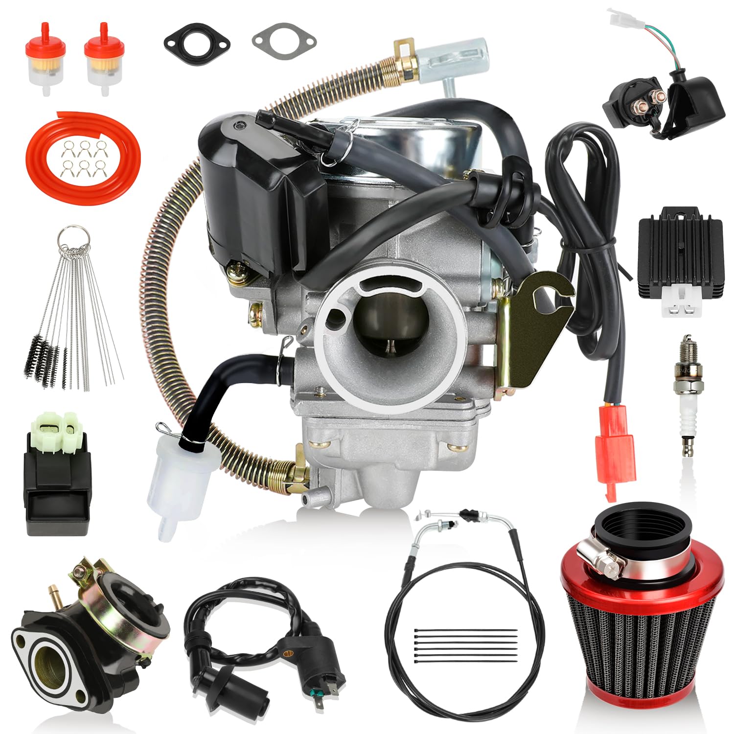 EOPOAYI GY6 150cc carburetor PD24J assembly improves fuel air mix for smoother idle.