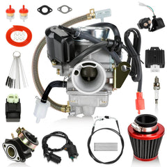 EOPOAYI GY6 150cc carburetor PD24J assembly improves fuel air mix for smoother idle.