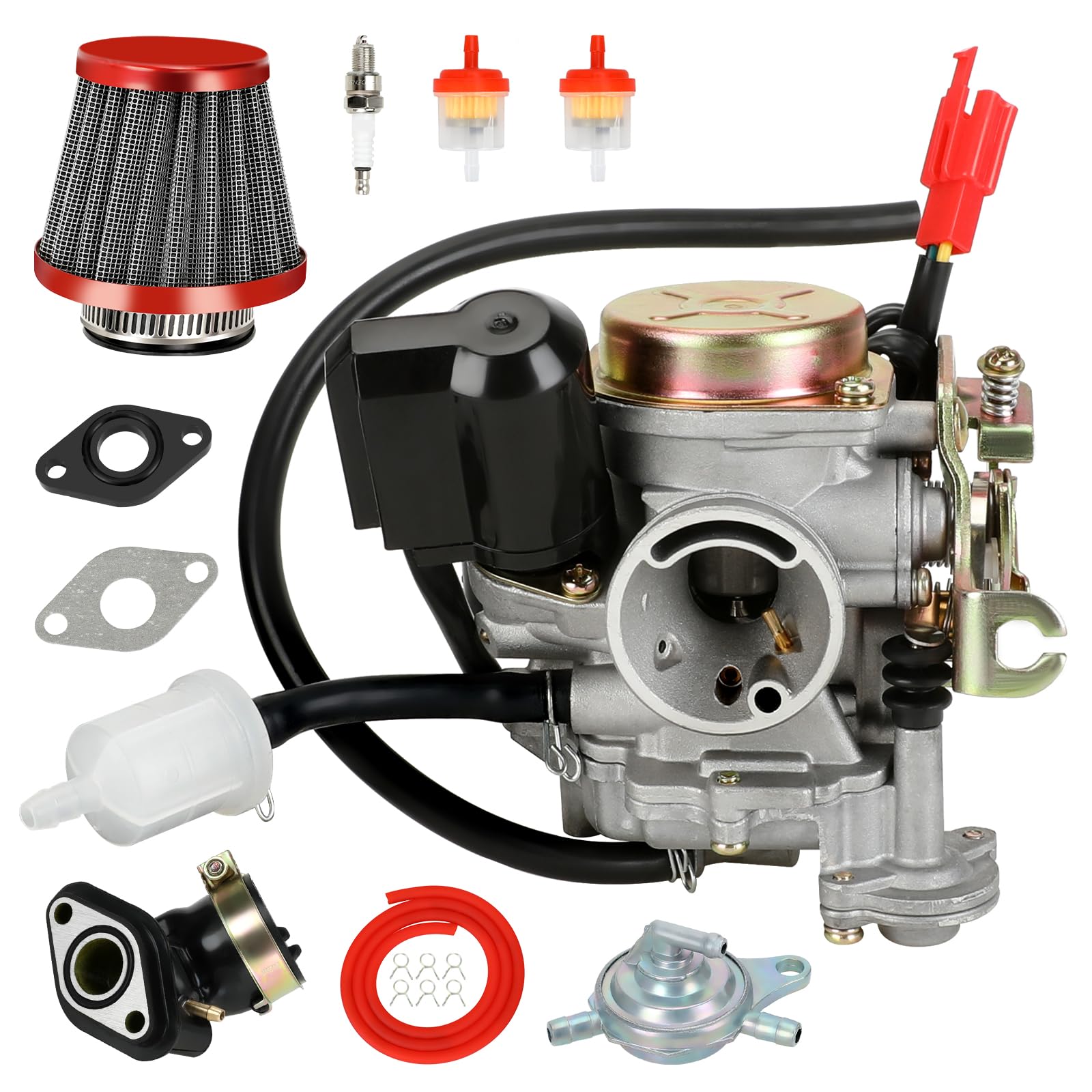 EOPOAYI GY6 carburetor intake manifold showing precise mounting surface and connection hub.