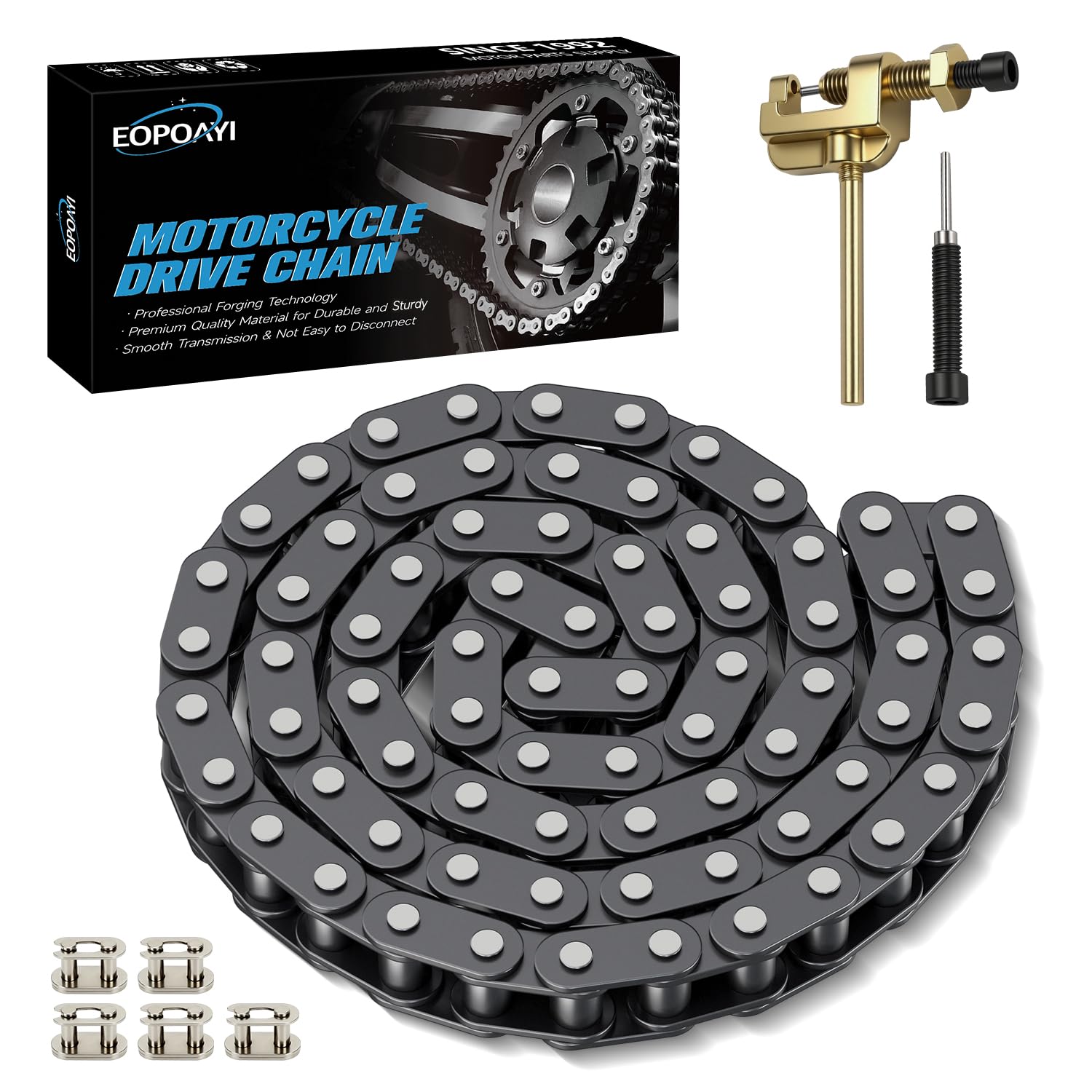 EOPOAYI T8F chain 74 links on a workbench for sizing and inspection.