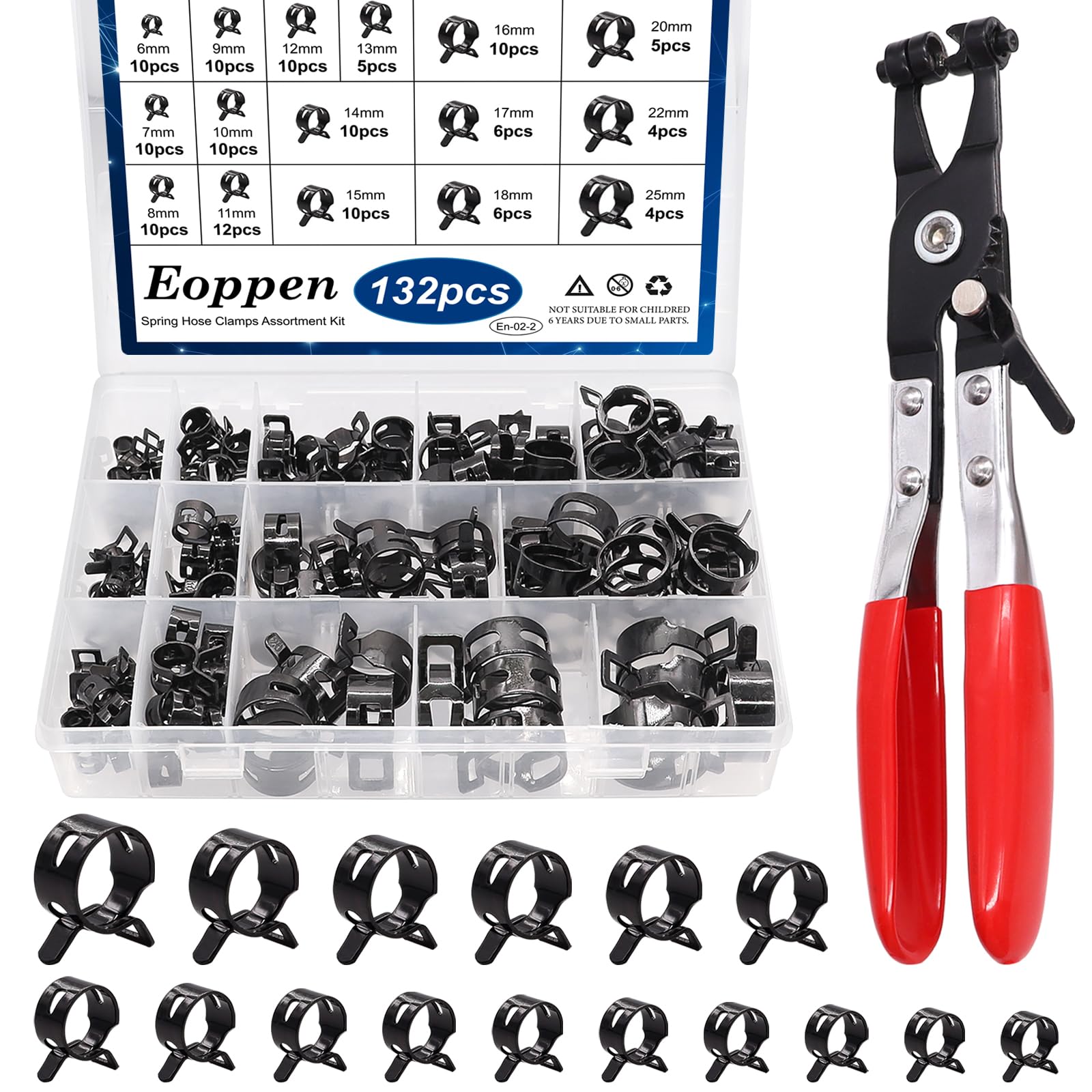 Eoppen 132Pcs spring hose clamps kit in a box, ideal for automotive fuel and air hoses.