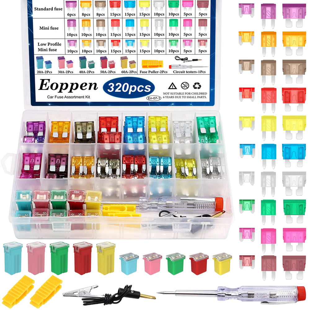 Eoppen 320Pcs car fuses kit with puller and tester for easy maintenance.