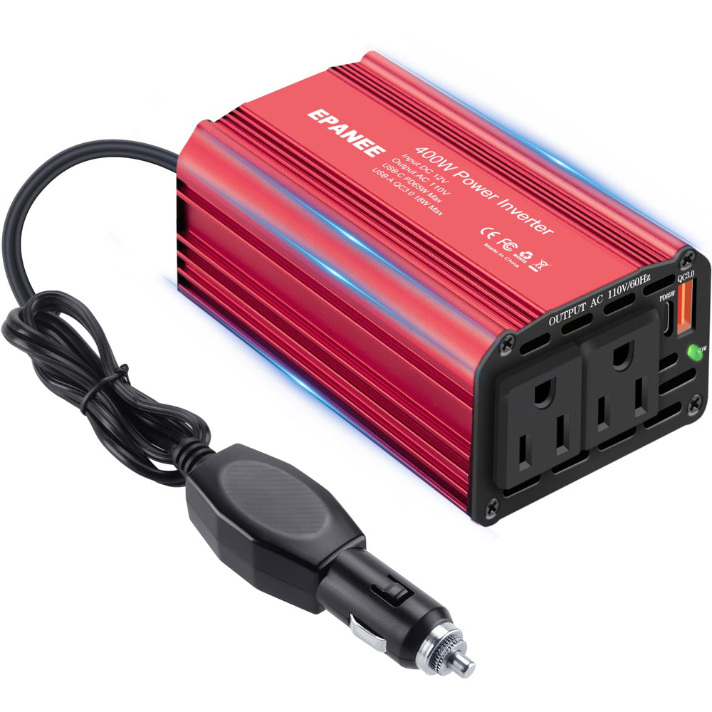 EPANEE power inverter front view with dual outlets for on-the-go charging.