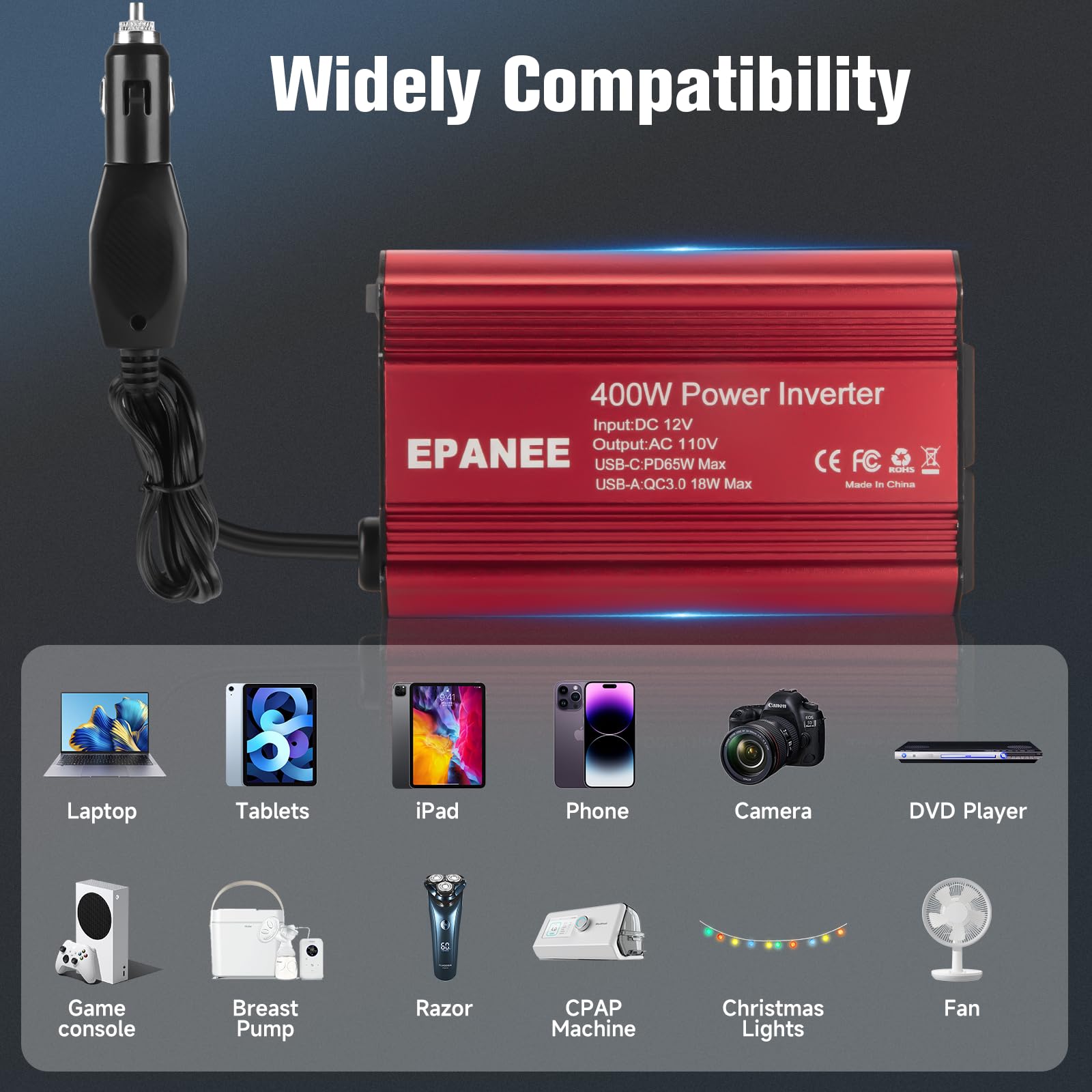 EPANEE inverter in-vehicle setup ideal for road trips and camping.