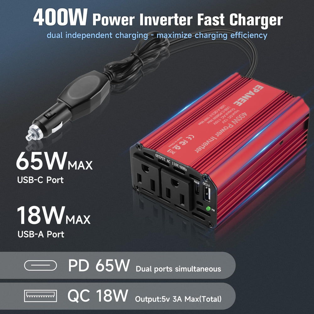 EPANEE inverter rear ports showing USB-C and USB-A for fast charging on the move.