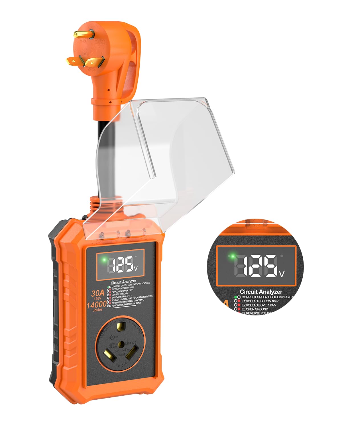 EPLCSE RV surge protector 30A front view showing compact, rugged design for camping power protection