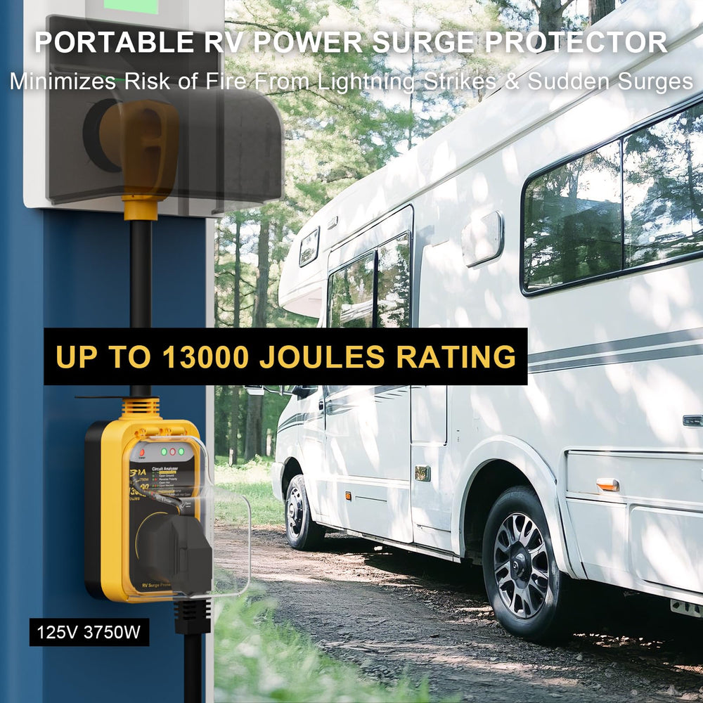 EPLCSE surge protector 30A with LED indicators shows safe hookup status.
