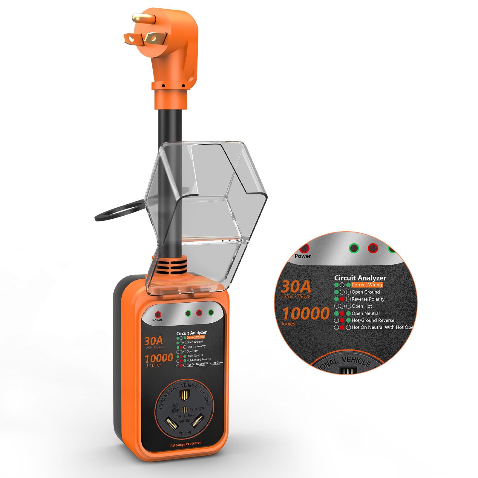 EPLCSE 30A RV surge protector unit with protective cover for safe hookup.