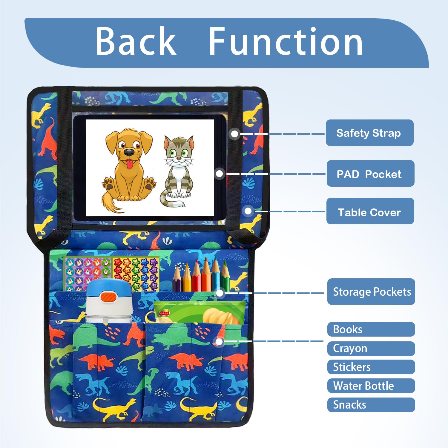 EpoBob tray cover dino pattern close-up for kid-friendly flight enjoyment.