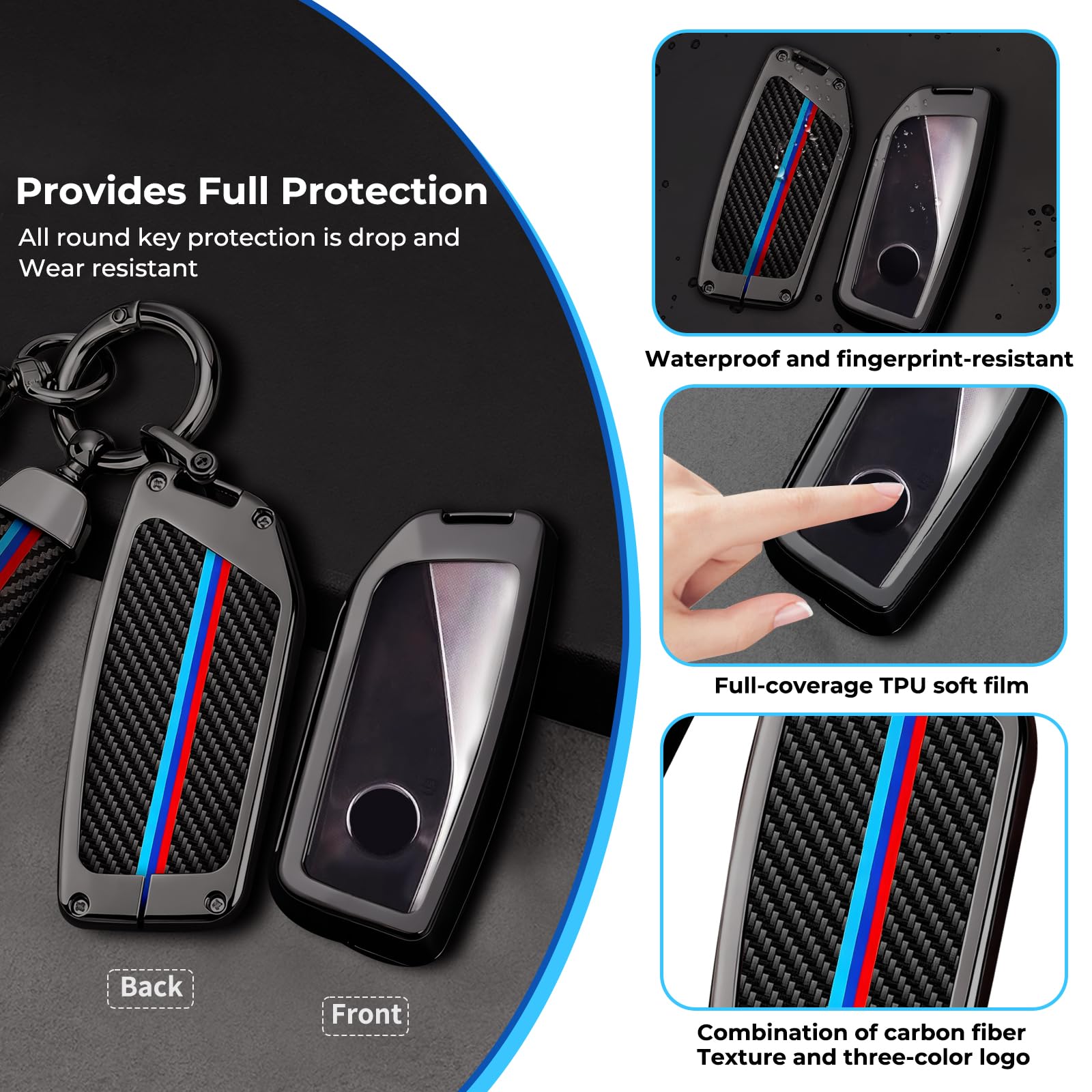 Carbon fiber texture with three-color accents elevates the key’s look