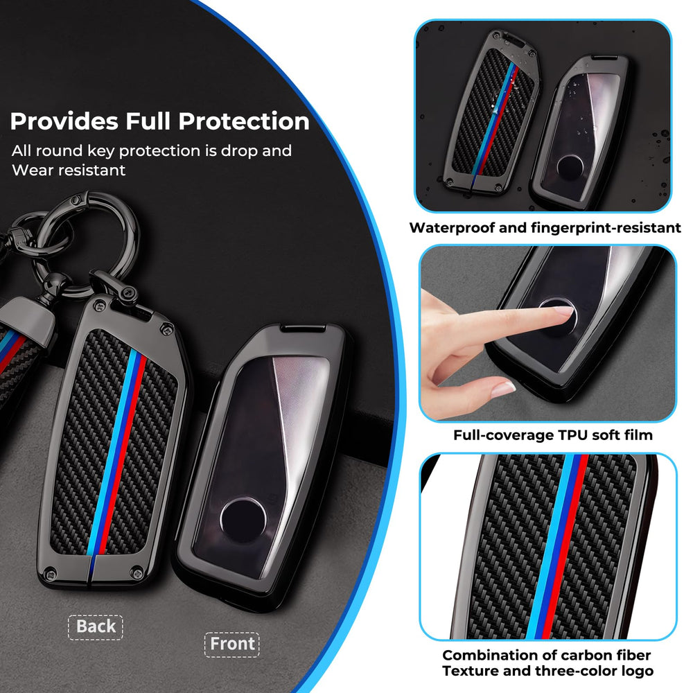 Carbon fiber texture with three-color accents elevates the key’s look