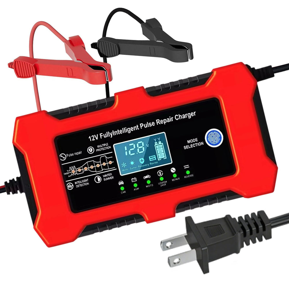 ERKUOMR 12V 10A battery charger with LED display for real-time voltage readouts.