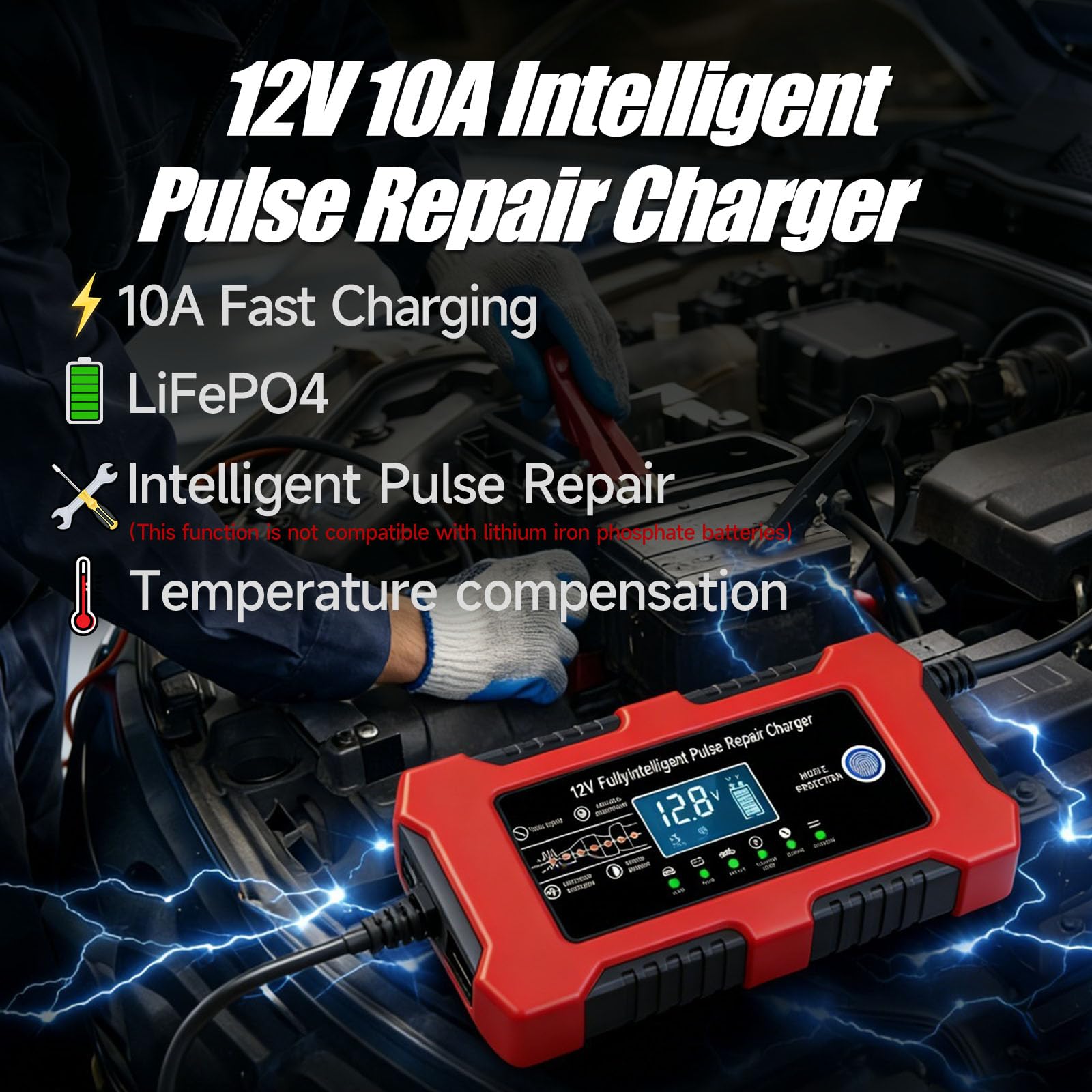 ERKUOMR 12V 10A charger using temperature compensation for safe charging.