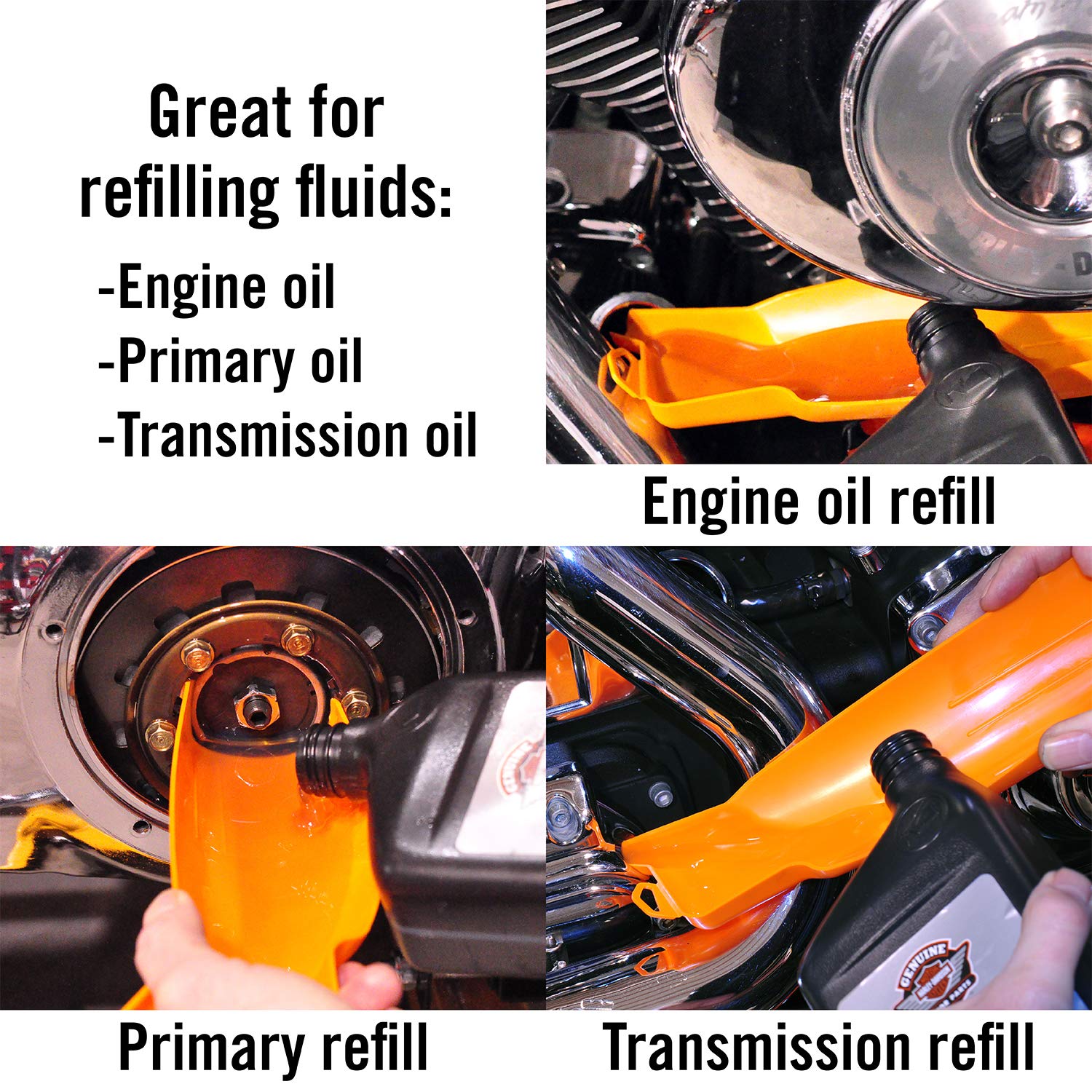 Top view of Ernst Greg's drip-free Harley funnel for tight spaces
