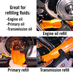 Top view of Ernst Greg's drip-free Harley funnel for tight spaces