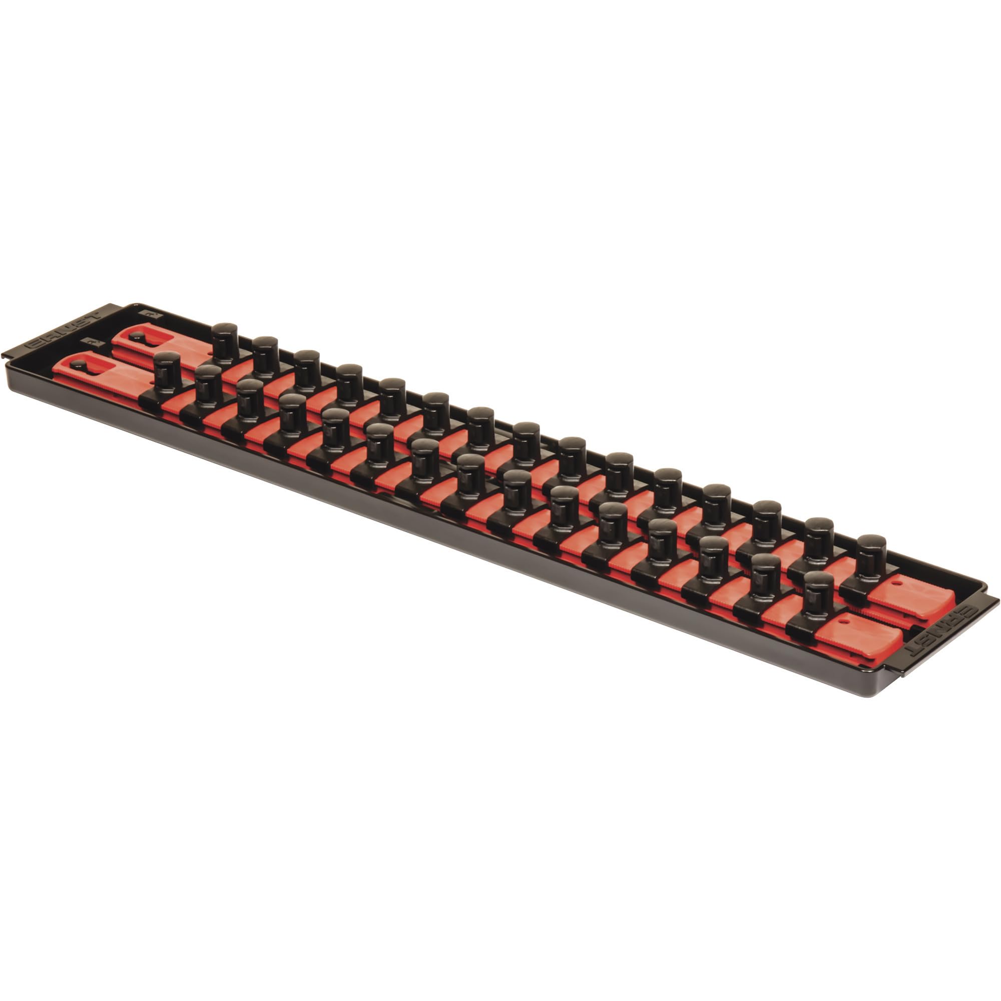 Ernst Manufacturing 18-inch Socket Boss tray in red, ideal for organized SAE sockets.