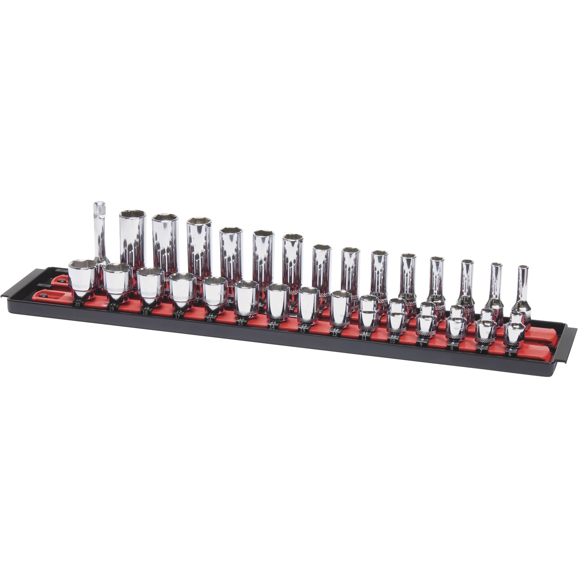 Ernst Manufacturing 8453 color-coding SAE red and metric blue helps organization.