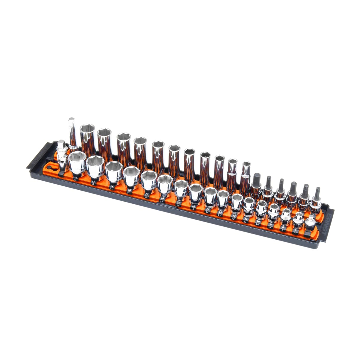 Ernst Manufacturing 8486 Socket Boss with 2-rail, 18-inch orange organizer keeps 3/8-inch sockets secure.