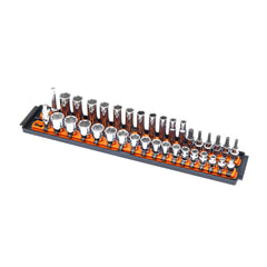 Ernst Manufacturing 8486 Socket Boss with 2-rail, 18-inch orange organizer keeps 3/8-inch sockets secure.