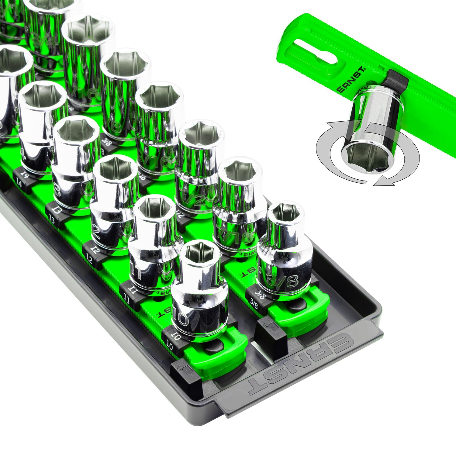 Ernst Manufacturing Socket Boss twist-lock clip secures sockets for safe transport.