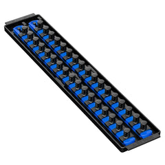 Ernst Manufacturing Socket Boss tray with rails secures 1/2-inch sockets during transport.