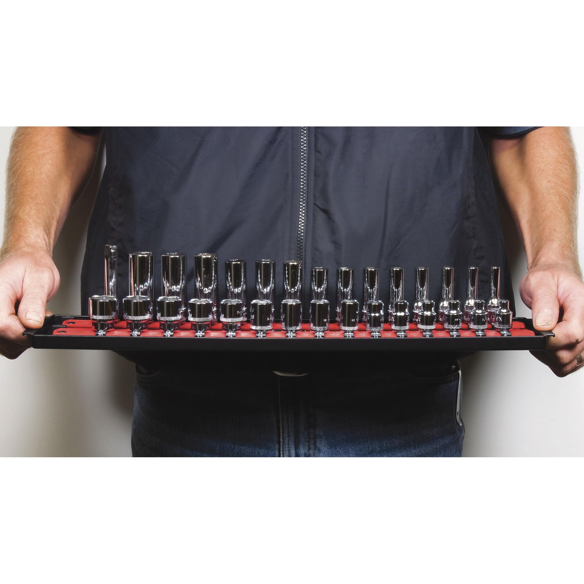 Universal rails with end stops keep sockets in place during movement.