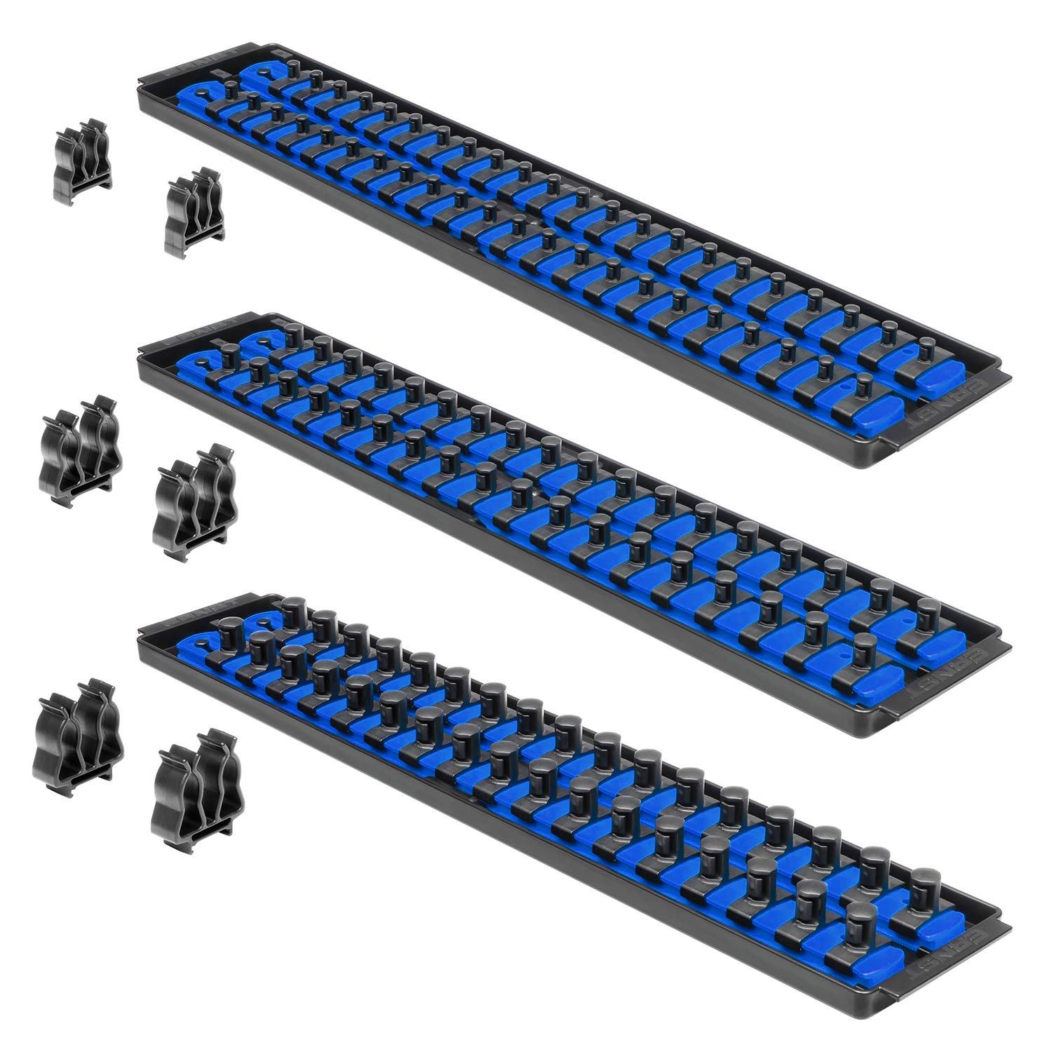 Ernst Socket Boss Combo 3-Pack blue rails organized for efficient drawer storage.