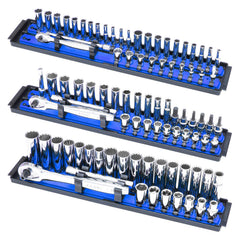 Blue Ernst Socket Boss rail with twist-lock clips securing sockets during transport.