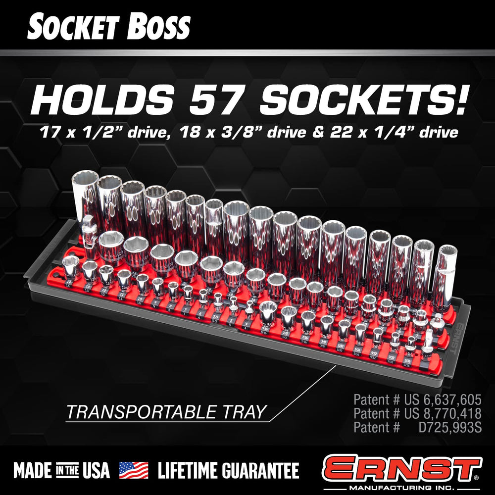Close-up of Ernst Socket Boss Twist-Lock clips securing sockets during transport