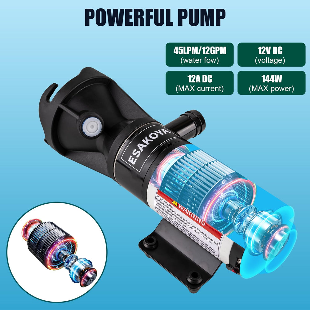 Esakoya 12V macerator pump with 10 ft drainage lift for versatile setups.