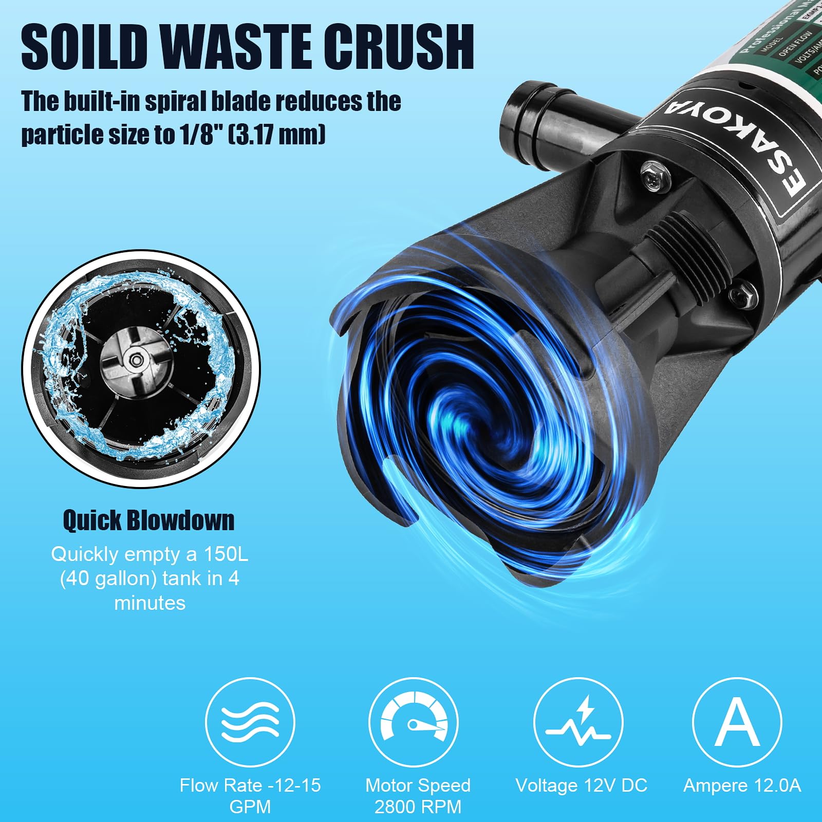 Esakoya 12V macerator pump is self-priming for easy RV waste handling.