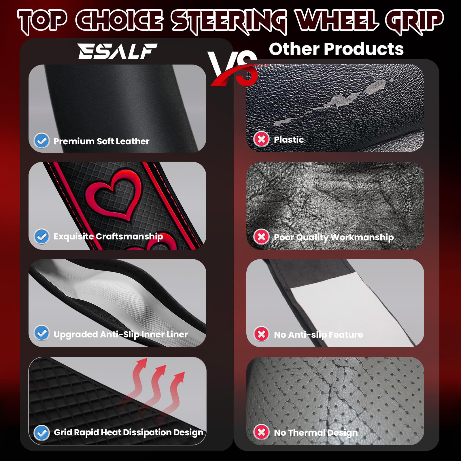 ESALFAUTO leather grip close-up highlights premium softness for daily driving.