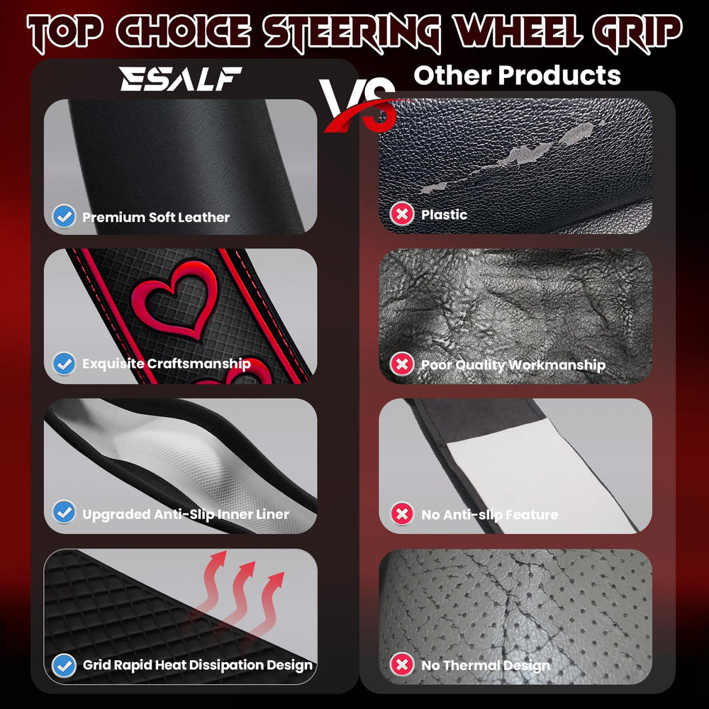 ESALFAUTO leather grip close-up highlights premium softness for daily driving.
