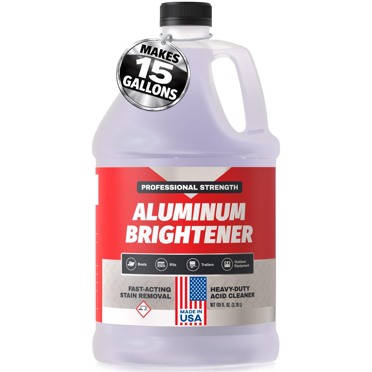 Escentile Concentrated Aluminum Brightener bottle-pour showing quick oxidation removal for ready-to-clean surfaces.
