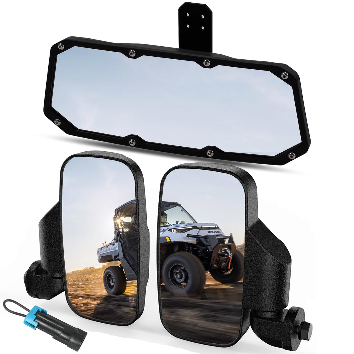 Esploratori UTV Ranger rear-view mirror offers wide field of vision for safer driving.