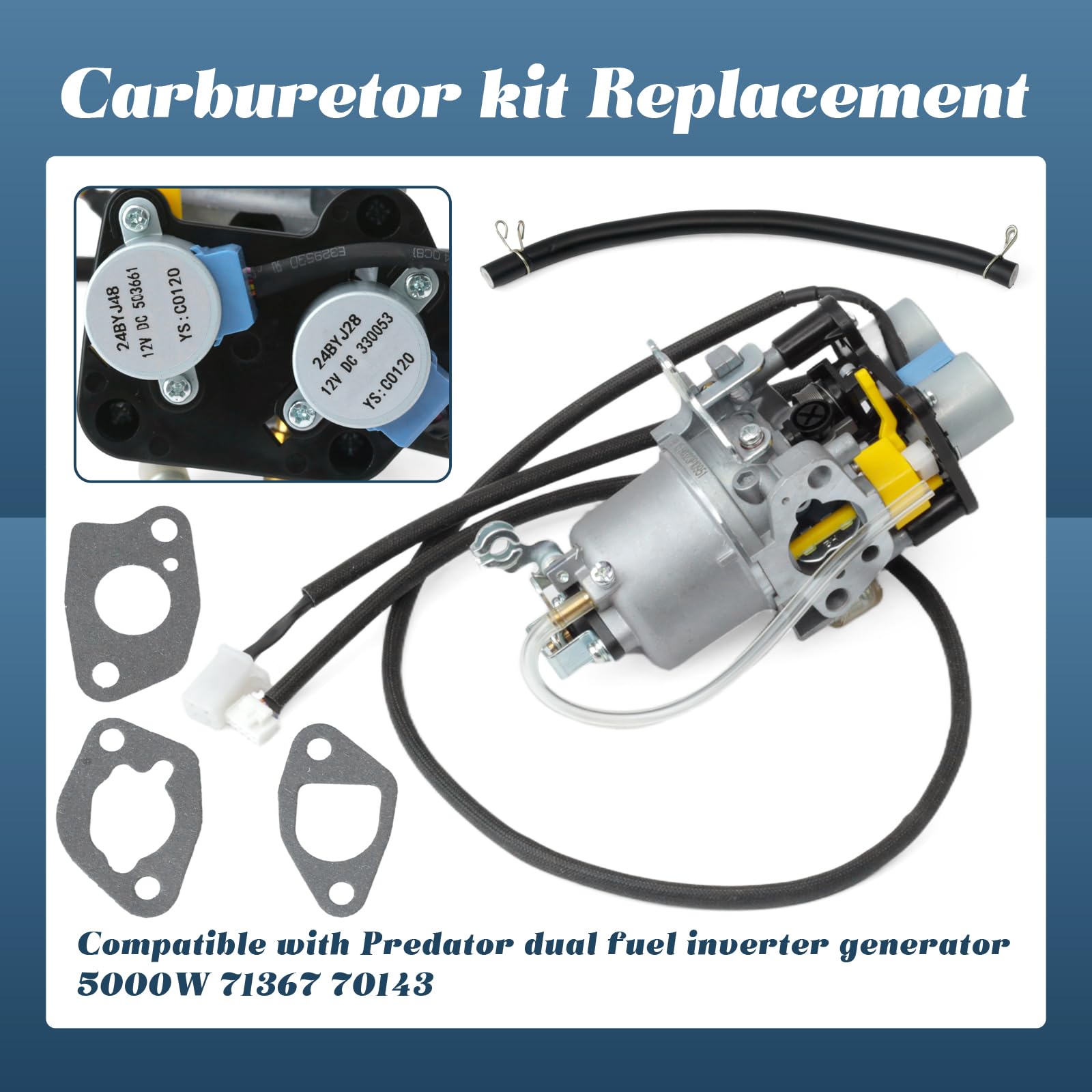 Esttlamer Huayi carburetor kit with gaskets and fuel line, reduces maintenance needs.