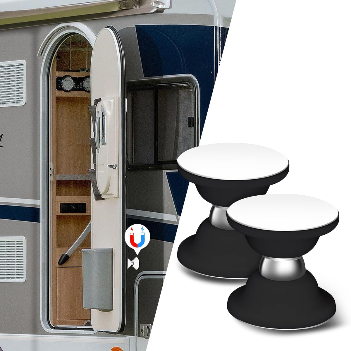 ESUDNT RV magnetic door catch front view showing compact, wind-resistant design.