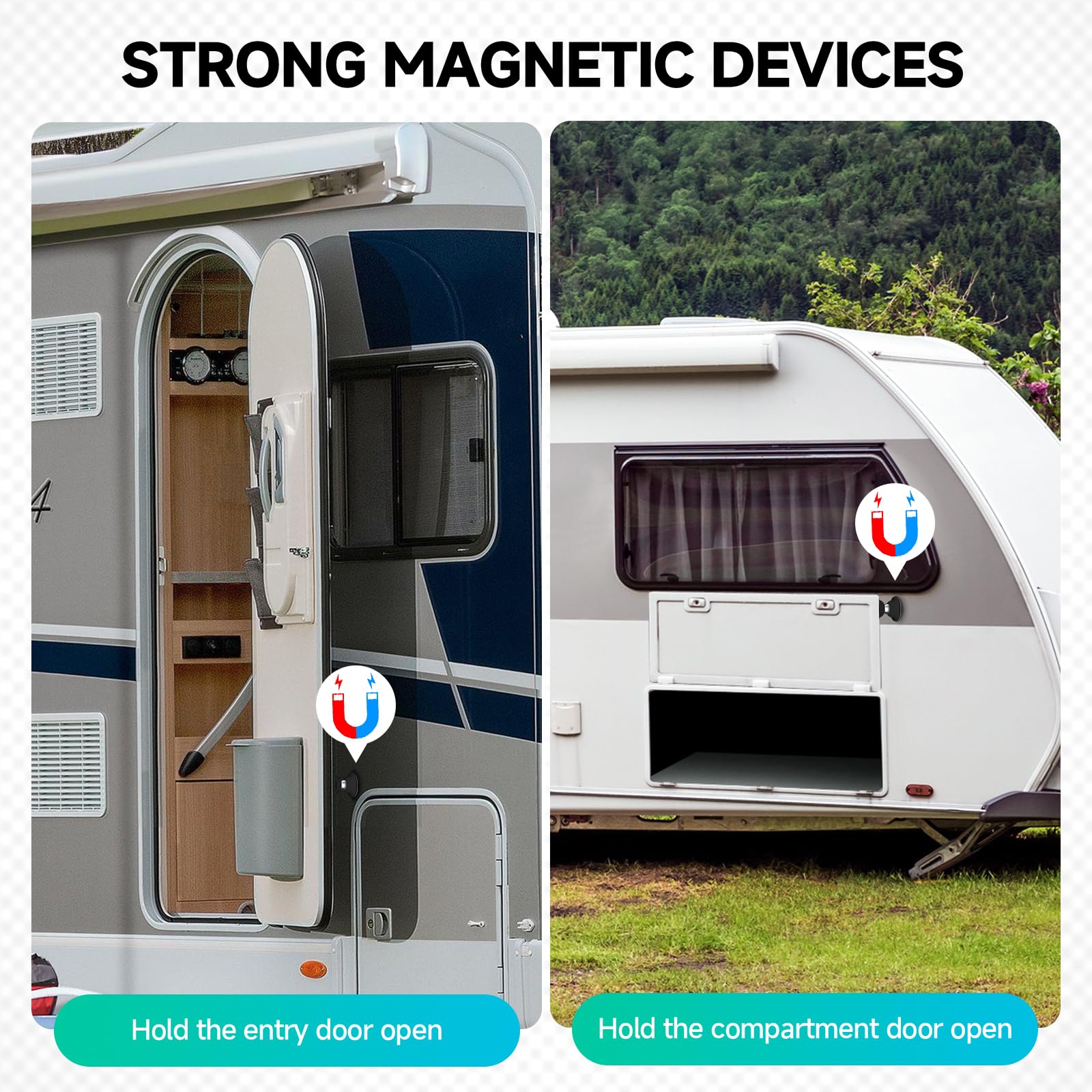 ESUDNT RV magnetic door catch mounted on door demonstrates easy one-handed use.
