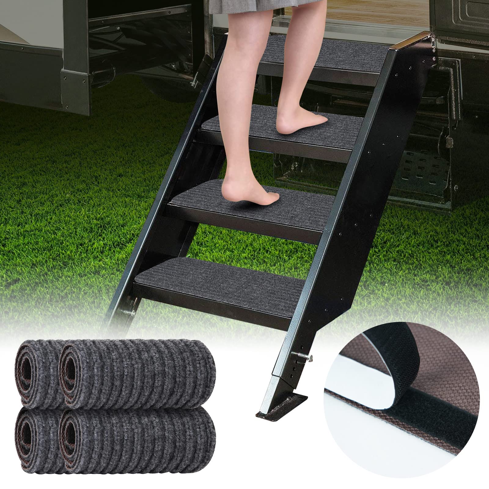 ESUDNT RV Step Covers 4-pack on RV stairs, improving stability and footing
