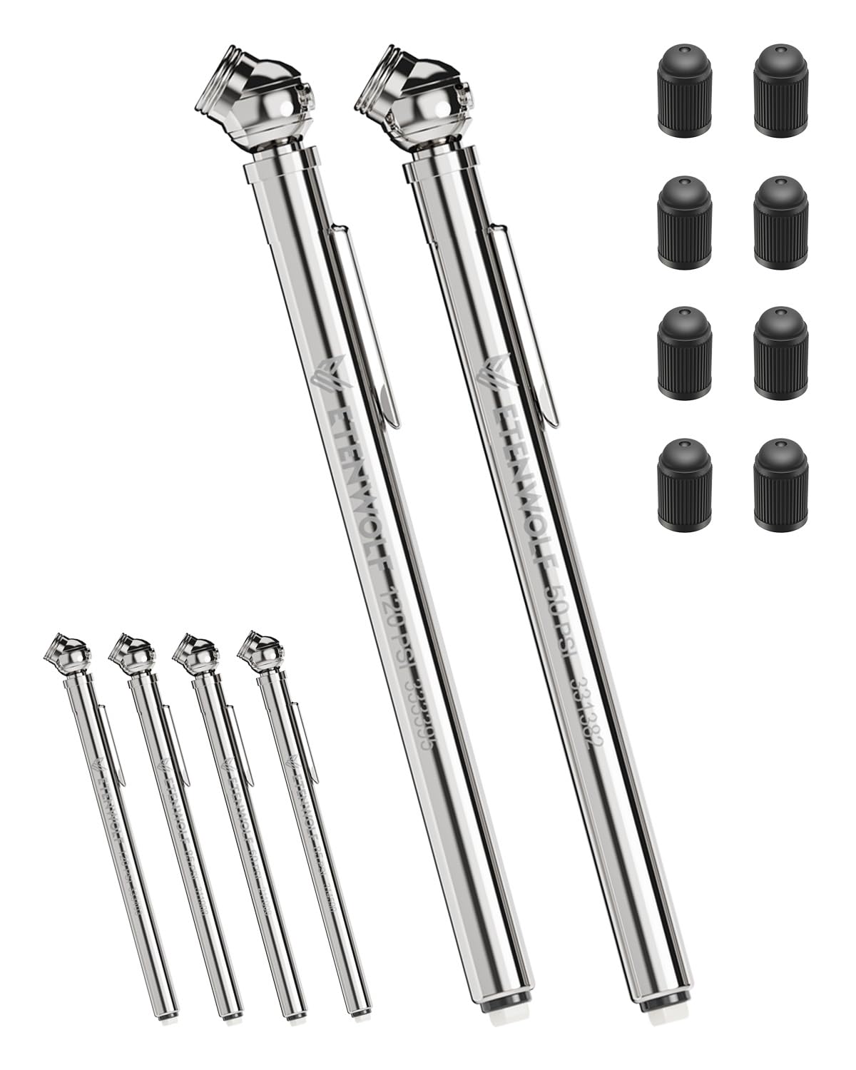 ETENWOLF pencil tire gauge reads 10-50 psi readings for precise inflation.