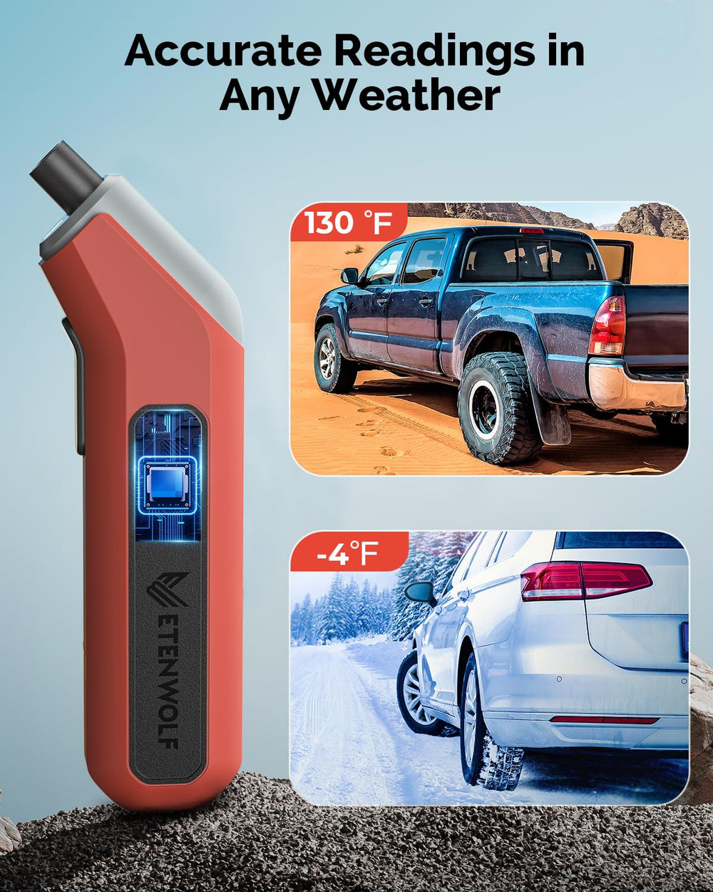 ETENWOLF replaceable AAA batteries power the gauge and LED light for dim reading.