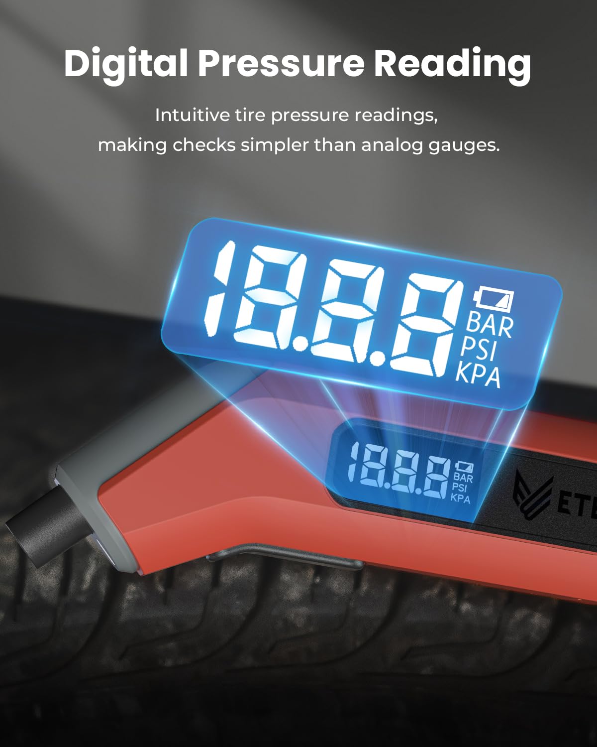 ETENWOLF T300 measuring a car tire valve with fast accurate result