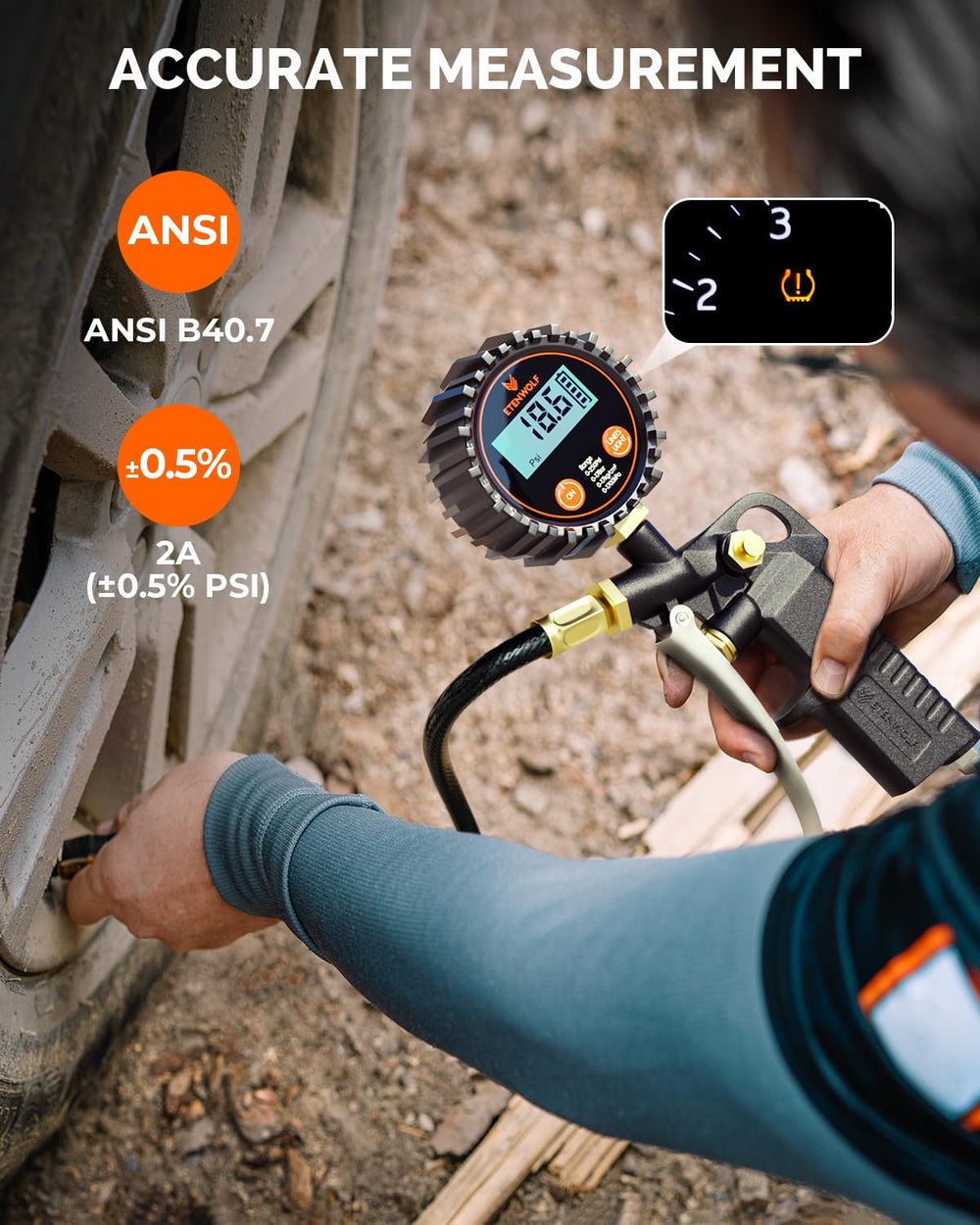 ETENWOLF T500 inflator connects to the air hose for quick topping up.