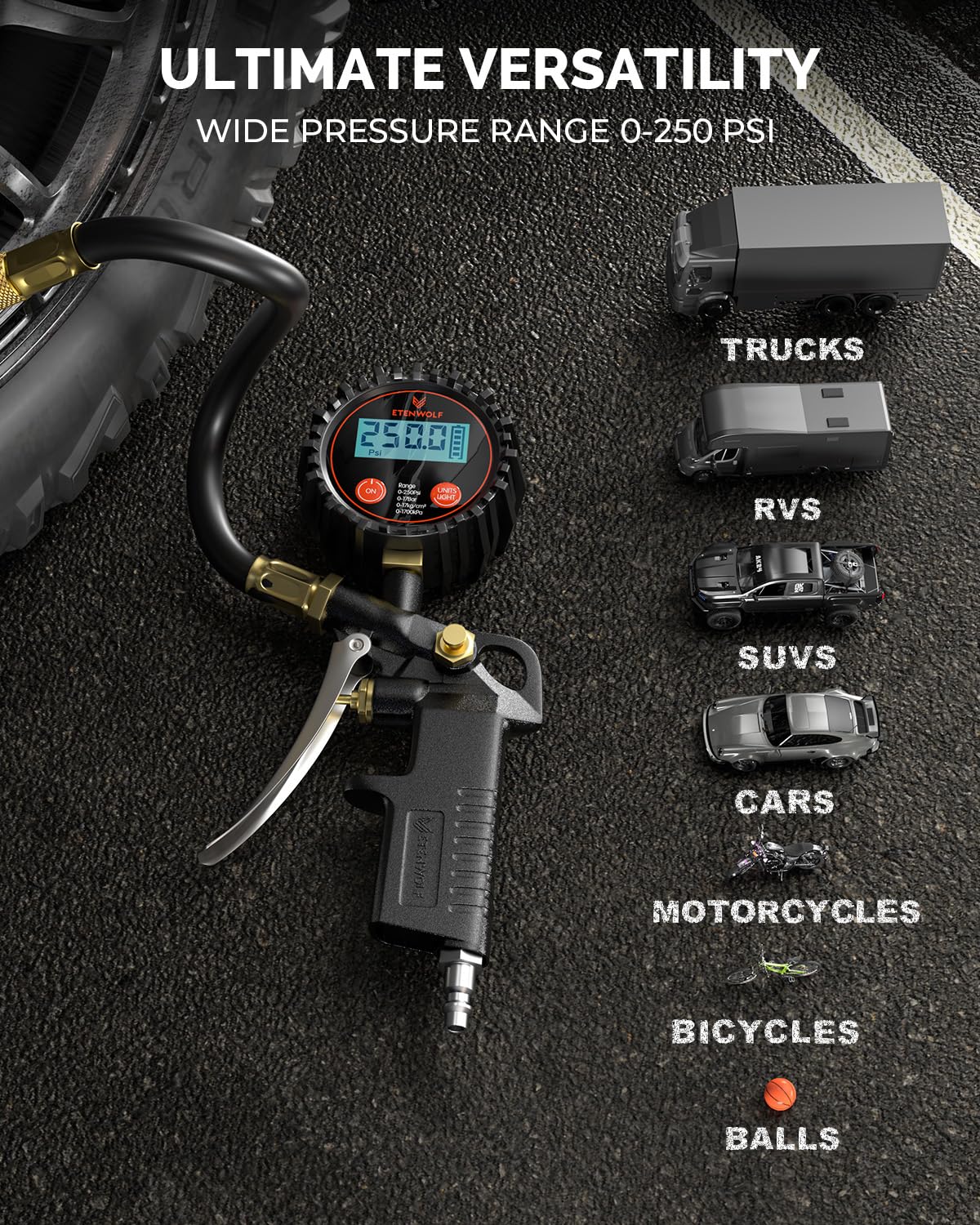 ETENWOLF T500 gauge with 0-250 PSI range for various vehicles.