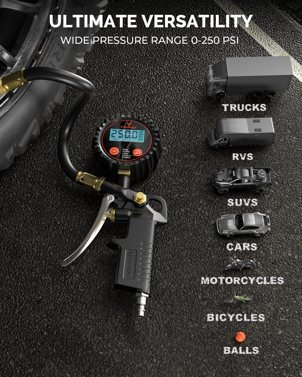 ETENWOLF T500 gauge with 0-250 PSI range for various vehicles.