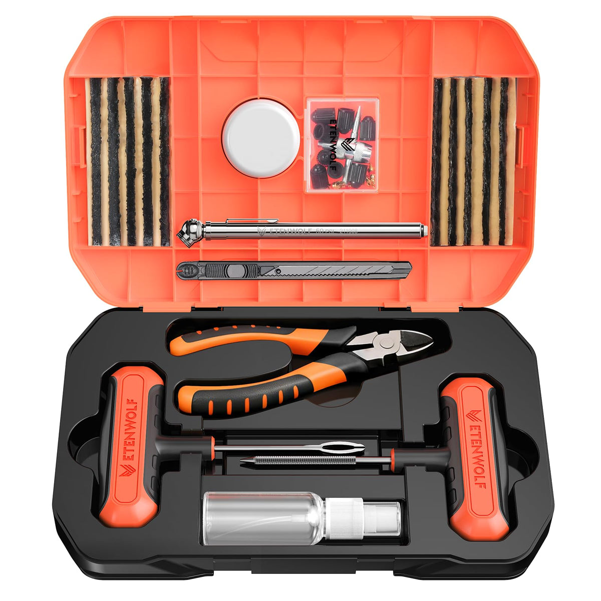 ETENWOLF tire repair kit in a compact case for on-the-go puncture fixes.